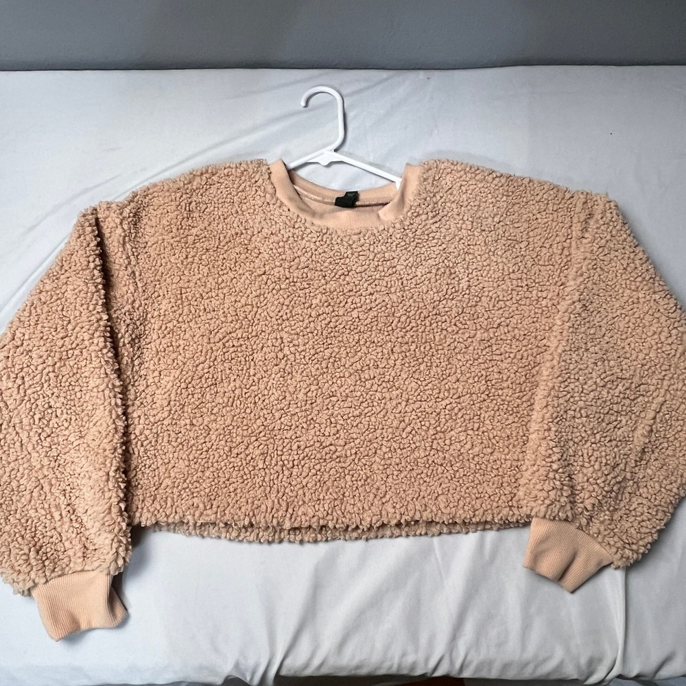 Wild Fable Tan Faux Fur Sherpa‎ Cozy Cropped Sweatshirt S Relaxed Borg Pullover - Picture 2 of 9